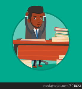 Businessman in despair sitting at workplace with heaps of papers. Stressful businessman sitting at the desk with stacks of papers. Vector flat design illustration in the circle isolated on background.. Despair man sitting in office vector illustration.