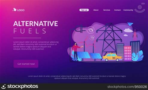 Businessman in green city and electric car using alternative fuel. Alternative fuels, chemically stored electricity, non-fossil sources concept. Website vibrant violet landing web page template.. Alternative fuel concept landing page.