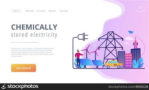 Businessman in green city and electric car using alternative fuel. Alternative fuels, chemically stored electricity, non-fossil sources concept. Website vibrant violet landing web page template.. Alternative fuel concept landing page.
