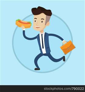 Businessman in hurry eating hot dog. Businessman with briefcase eating hot dog on the run. Businessman running with hot dog. Vector flat design illustration in the circle isolated on background.. Businessman eating hot dog on the run.