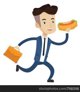 Businessman in hurry eating hot dog. Businessman with briefcase eating on the run. Young man in business suit running and eating hot dog. Vector flat design illustration isolated on white background.. Businessman eating hot dog vector illustration.