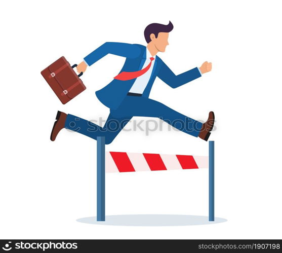 Businessman in office suit jumping over the obstacle as he runs to his goals. Achieving goals. Race for success. Hurry up.. Businessman jumping over the obstacle