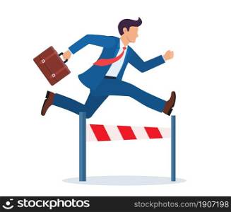 Businessman in office suit jumping over the obstacle as he runs to his goals. Achieving goals. Race for success. Hurry up.. Businessman jumping over the obstacle
