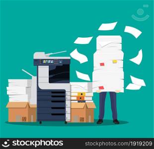 Businessman in pile of papers. Office multifunction machine. Bureaucracy, paperwork, overwork, office. Printer copy scanner device. Proffesional printing station. Vector illustration flat style. Businessman in pile of papers.