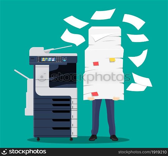 Businessman in pile of papers. Office multifunction machine. Bureaucracy, paperwork, overwork, office. Printer copy scanner device. Proffesional printing station. Vector illustration flat style. Businessman in pile of papers.