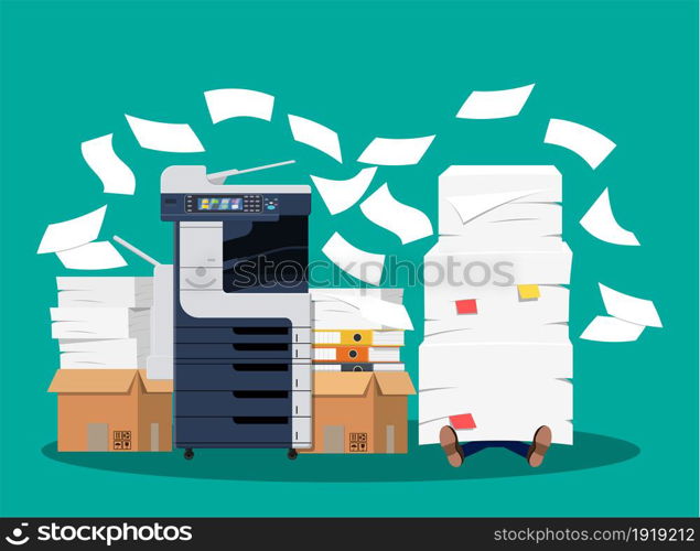 Businessman in pile of papers. Office multifunction machine. Bureaucracy, paperwork, overwork, office. Printer copy scanner device. Proffesional printing station. Vector illustration flat style. Businessman in pile of papers.