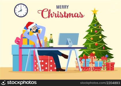 Businessman in Santa Claus Hat Sitting in Stack of Presents. Man and Christmas Gift Boxes. Happy New Year Decoration. Merry Christmas Holiday. Vector illustration in flat style. Businessman in Santa Claus Hat