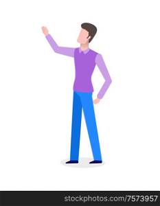 Businessman in shirt and vest, office worker pointing up with hand vector. Entrepreneur in formal clothes, isolated male character showing presentation. Office Worker Pointing Up with Hand, Businessman