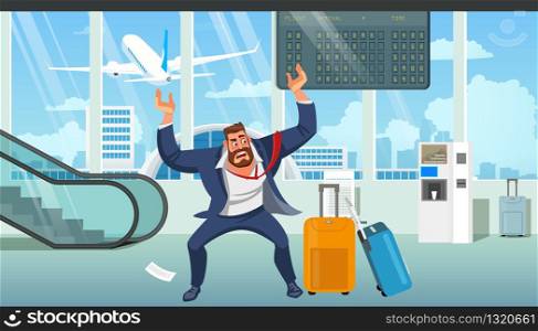 Businessman in Stress, Angry Because of Late on Plane, Missing Baggage After Arrival in Airport Cartoon Vector Illustration. Difficulties in Business Trip, Problems Because Due to Lack of Time Concept