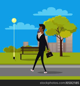 Businessman in suit and with briefcase walks in city park and talks by phone. There is bench streetlight, tree and bushes, clouds and skyscrapers behind him. Vector illustration of cartoon character.. Businessman Speaks by Phone and Walks in Park