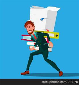 Businessman In Suit Bent Over Carrying A Stack Of Documents On His Back Vector. Illustration. Businessman In Suit Bent Over Carrying A Stack Of Documents On His Back Vector. Isolated Illustration