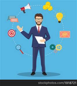 Businessman in suit. Business concept with icons. Vector illustration in flat style. Businessman in suit.