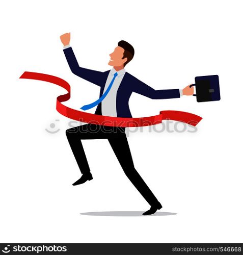 Businessman in suit crossing red finish line, ribbon, business achievement, victory, successful work, vector illustration in flat style. Businessman in suit crossing red finish line, ribbon