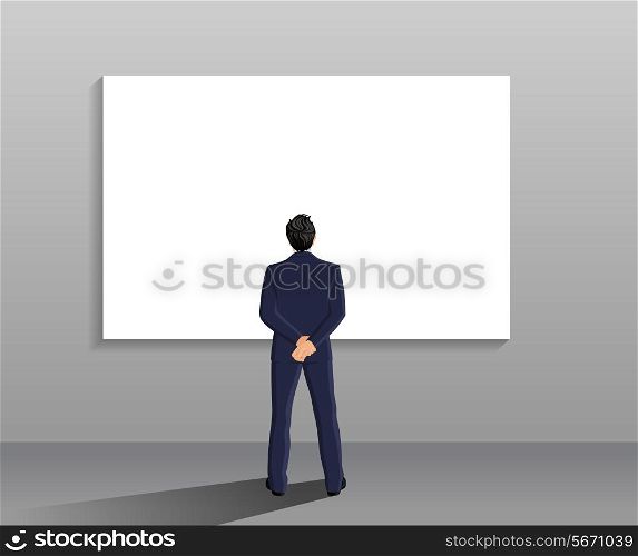 Businessman in suit full length back view in front of white board vector illustration