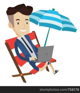 Businessman in suit working on the beach. Businessman sitting in chaise lounge under beach umbrella. Businessman using laptop on the beach. Vector flat design illustration isolated on white background. Businessman working with laptop on the beach.