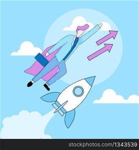 Businessman in Superhero Cloak with Briefcase in Hand Flying Up Rocket in Cloudy Sky with Arrows. Launching Startup. Successful Strategy Team Leader Character. Linear Cartoon Flat Vector Illustration.. Businessman in Superhero Cloak Flying Up Rocket.
