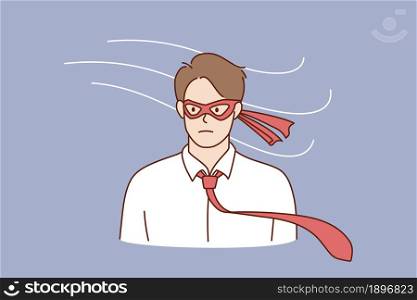 Businessman in superhero eye mask feel motivated successful at work. Young man employee worker like super hero, reach success in company. Goal achievement, winner concept. Flat vector illustration. . Businessman feel motivated wear superhero mask