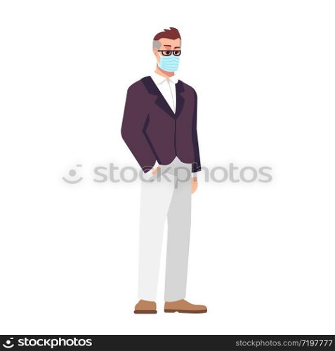 Businessman in surgical mask semi flat RGB color vector illustration. Middle age caucasian man isolated cartoon character on white background. Coronavirus pandemic, covid19 virus protection
