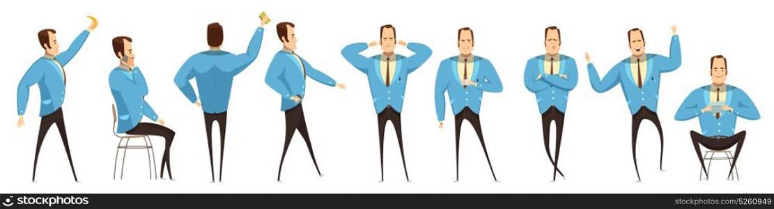 Businessman In Various Poses Set. Set of various poses of businessman with emotions on face and accessories cartoon style isolated vector illustration