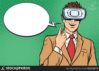Businessman in VR glasses, the idea. Pop art retro vector illustration. Businessman in VR glasses, the idea