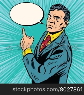 Businessman index retro poster pop art retro vector. A man shows the direction of his finger. Encourages the poster. Businessman index retro poster
