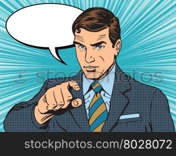 Businessman index retro poster pop art retro vector. A man shows the direction of his finger. Encourages the poster. Businessman index retro poster