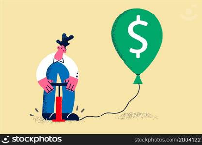 Businessman inflate balloon with dollar sign. Male employee increase income and salary. Stock market financial crisis. Business finance problem. Money inflation concept. Flat vector illustration. . Businessman inflate balloon with dollar sign