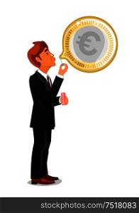 Businessman inflating or blowing a bubble with euro currency. Danger of economy and commerce crashing due to credit or inflation crisis concept. Businessman inflating a bubble with euro