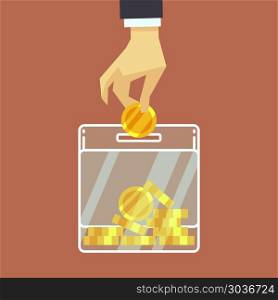 Businessman insert coin into donate box. vector donation concept. Businessman insert coin into donate box. vector donation concept. Finance business investment illustration