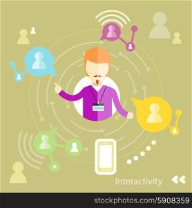 Businessman interactions by social media interactiv with business partners. Interactivity concept in flat design. Interactivity concept
