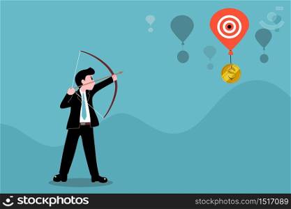 businessman is aimming arrow to a balloons with gold coin on sky.