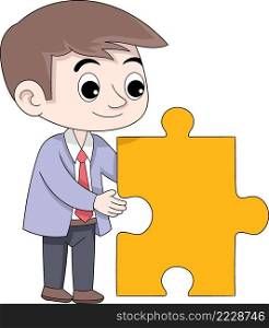 businessman is carrying puzzle pieces, thinking about finding solutions to business problems, cartoon flat illustration