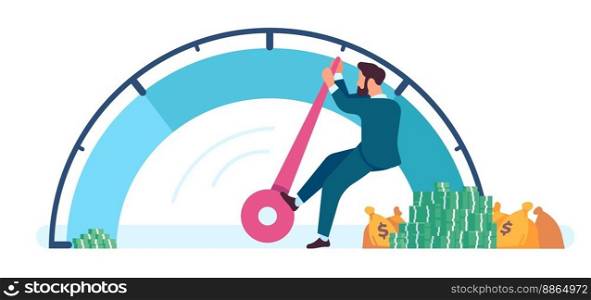 Businessman is pushing speedometer arrow of profit increase scale. Financial infographic. Economy rate report. Man pulling pointer. Worker changing score meter. Statistic improvement. Vector concept. Businessman is pushing speedometer arrow of profit increase scale. Financial infographic. Economy report. Man pulling pointer. Worker changing score. Statistic improvement. Vector concept