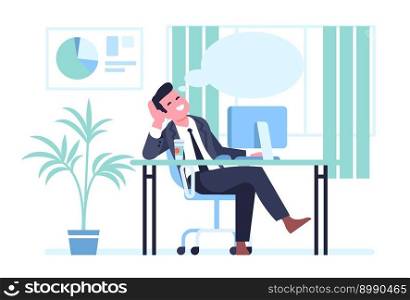 Businessman is resting and dreaming about something at his workplace. Office worker. Man sitting at table. Relaxing employee. Lazy male daydreaming. Happy manager sleeping at table. Vector concept. Businessman is resting and dreaming about something at his workplace. Office worker. Man sitting at table. Relaxing employee. Male daydreaming. Manager sleeping at table. Vector concept