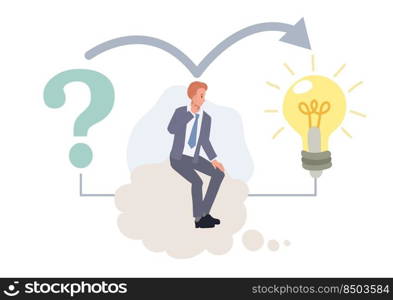 Businessman is thinking on bubble connect question mark to lightbulb solution. Problem solving skill,finding solution to solve problem, answer question.  