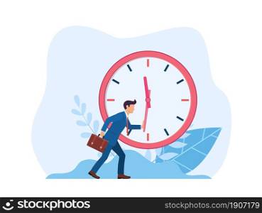 businessman is trying to stop time. Deadline and time management concept. Stop time concept. Business metaphor. Vector illustration in flat style.. businessman is trying to stop time.