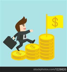 Businessman is walking up the stair of money towards a successful. Business concept cartoon illustration