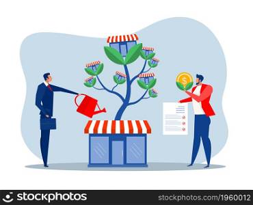 Businessman is watering money tree to grow franchise business. Increasing and growth business flat concept illustration.
