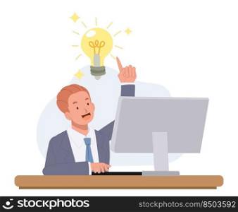 Businessman is working and got an ideas , lightbulb. Flat vector illustration