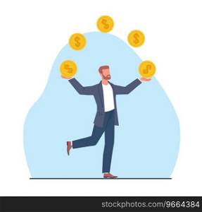 Businessman juggles gold coins. Rich successful person, profit from investments or deposits, financial growth, entrepreneur or manager. Cartoon flat style isolated illustration. Vector banking concept. Businessman juggles gold coins. Rich successful person, profit from investments or deposits, financial growth, entrepreneur or manager. Cartoon flat style isolated illustration. Vector concept