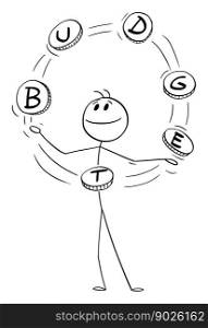 Businessman juggling with letters of word budget, vector cartoon stick figure or character illustration.. Businessman Juggling With Word Budget, Vector Cartoon Stick Figure Illustration