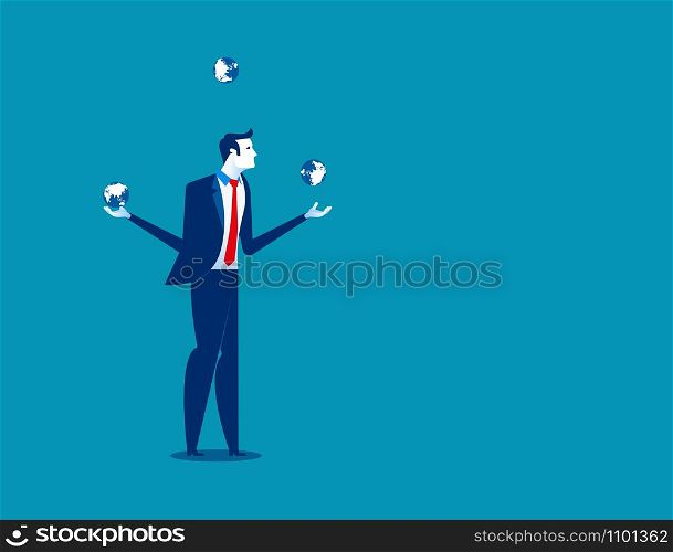 Businessman juggling with planet earth globes. Concept business vector illustration.