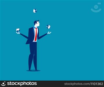 Businessman juggling with planet earth globes. Concept business vector illustration.