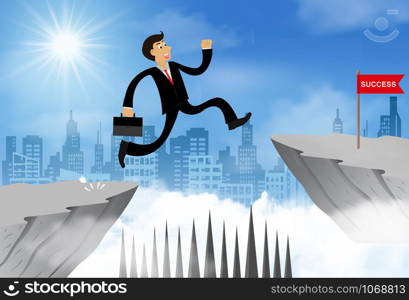 Businessman jump from the cliff obstacle over chasm go to the opposite goal. business success. challenge and overcome problem or obstacles. leadership. creative idea. Vector illustration