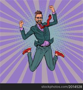 Businessman jump of joy, victory. Successful dent. Man in a business suit in a funny pose of joy. Pop art retro vector illustration 50s 60 vintage kitsch style. Businessman jump of joy, victory. Successful dent. Man in a business suit in a funny pose of joy