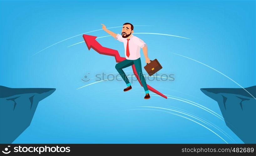 Businessman Jump Through Gap Between Cliff Vector. Red Arrow Sign Behind Character Man With Case Running And Overleap Gap. Business Risk And Success. Symbol Of Courage Flat Cartoon Illustration. Businessman Jump Through Gap Between Cliff Vector