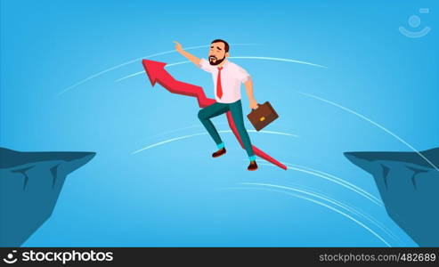 Businessman Jump Through Gap Between Cliff Vector. Red Arrow Sign Behind Character Man With Case Running And Overleap Gap. Business Risk And Success. Symbol Of Courage Flat Cartoon Illustration. Businessman Jump Through Gap Between Cliff Vector