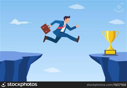 businessman jump through the gap to get golden trophy. an employee with a running jump from one cliff to another. the concept of business risk and success.Vector illustration in flat style.. businessman jump through the gap in the rocks.