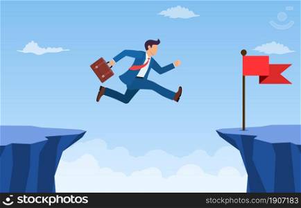 businessman jumped over the cliff to the red flag.Concept of business risk and success. Crossing obstacles to goals. Business competition and leadership. Vector illustration in flat style.. businessman jump through the gap in the rocks.