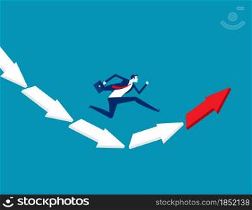 Businessman jumping from falling arrow to rising arrow. Direction concept